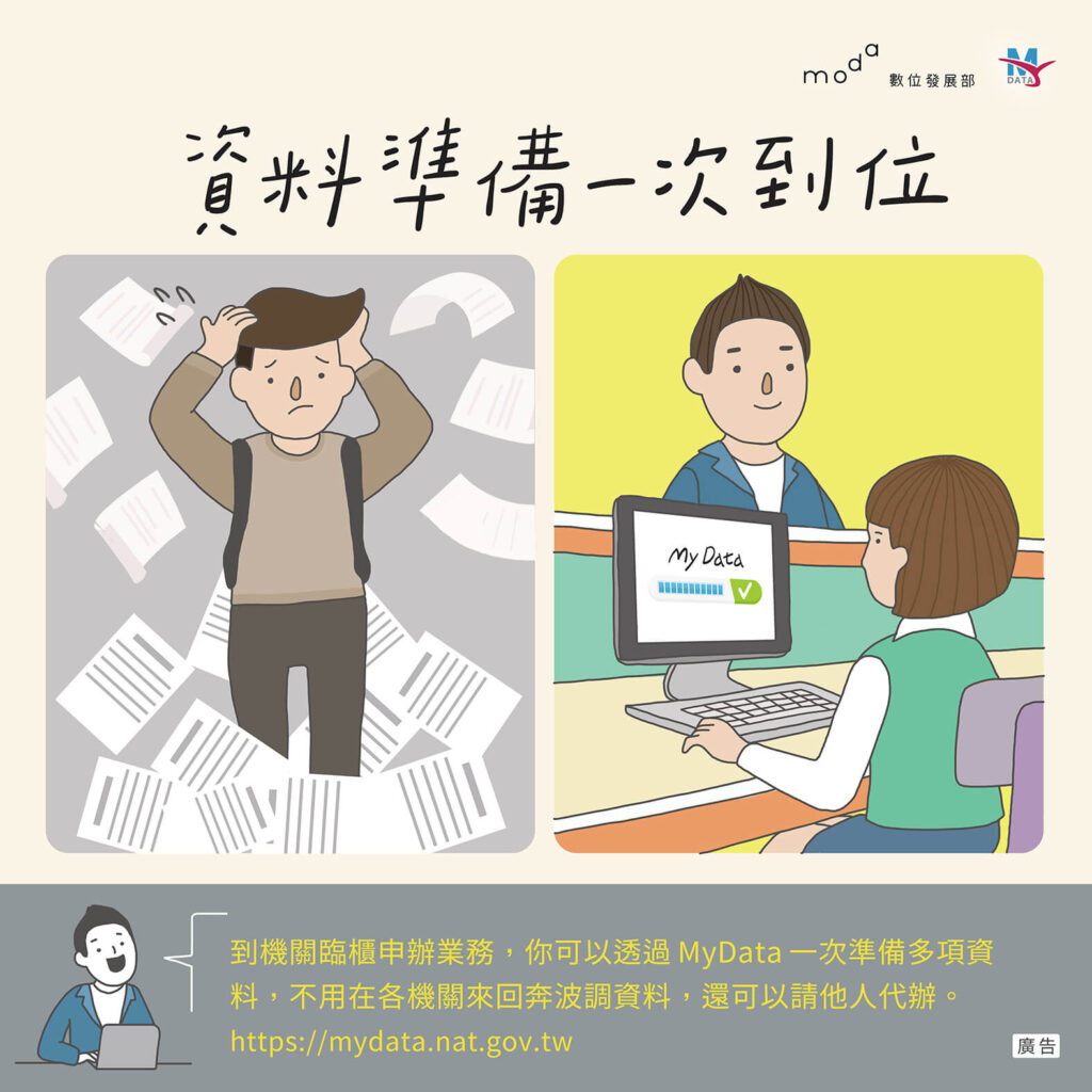 資料準備情景，展示MyData如何一次性完成多項資料準備，不用各機關跑
