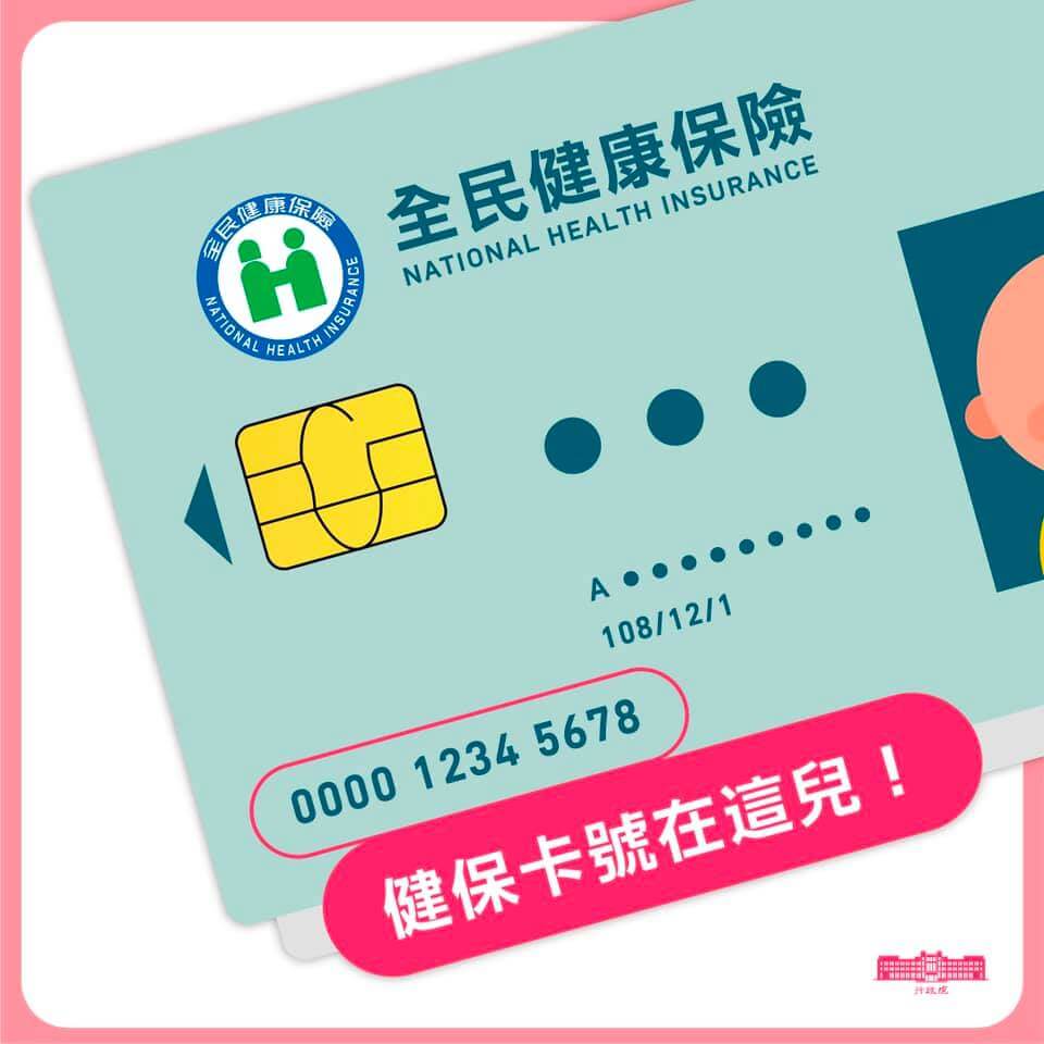 台灣健保卡範例圖，主要講解正面左下角的編號即為「健保卡卡號」