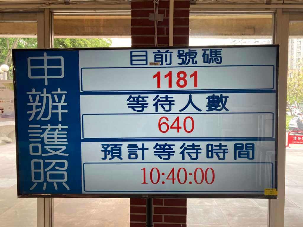 護照辦理等候區的顯示屏，顯示當前號碼為1181，等待人數為640，預計等待時間為10小時40分。