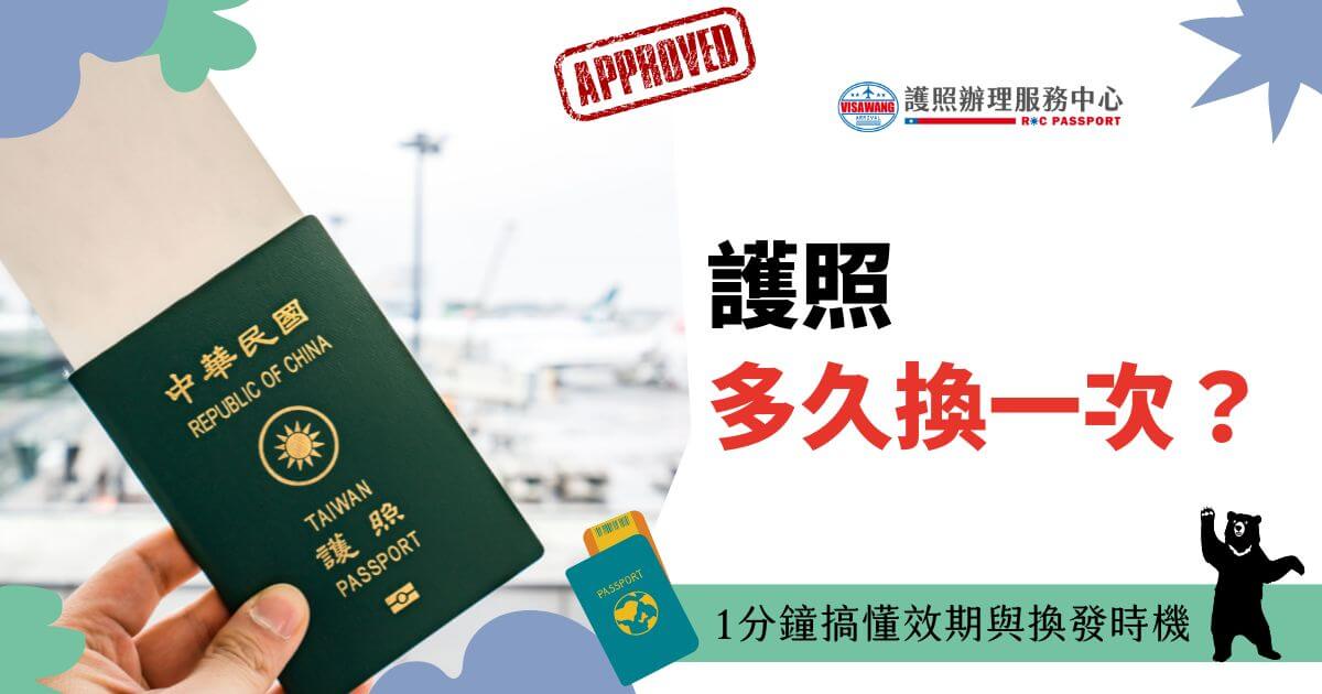 圖片展示台灣護照，背景是機場景象，右側有文字說明護照換發的時機，標題醒目，搭配下方強調1分鐘快速了解。
