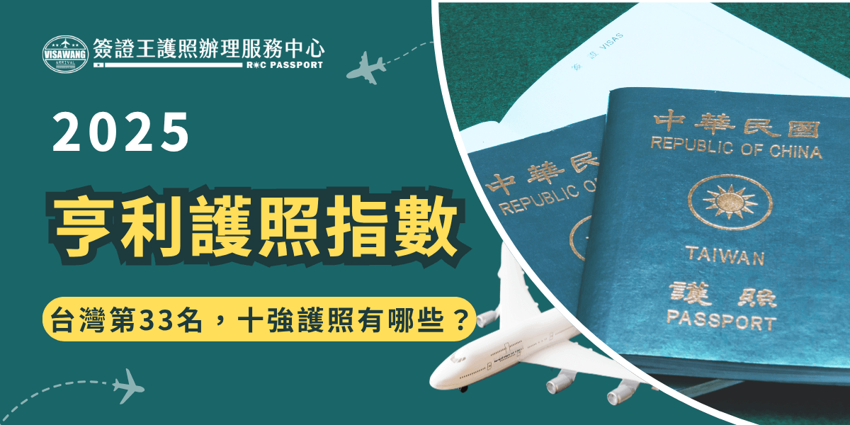 圖片展示2025年亨利護照指數（Henley Passport Index）資訊，背景為兩本中華民國護照與一架飛機圖示，象徵國際旅行與出入境便利性。主標題以「亨利護照指數」為焦點，副標題指出台灣排名全球第33位，吸引關注全球十大強勢護照國家與台灣通行力的比較分析。整體設計以藍綠色調為主，搭配醒目的黃黑文字，具有視覺引導效果。